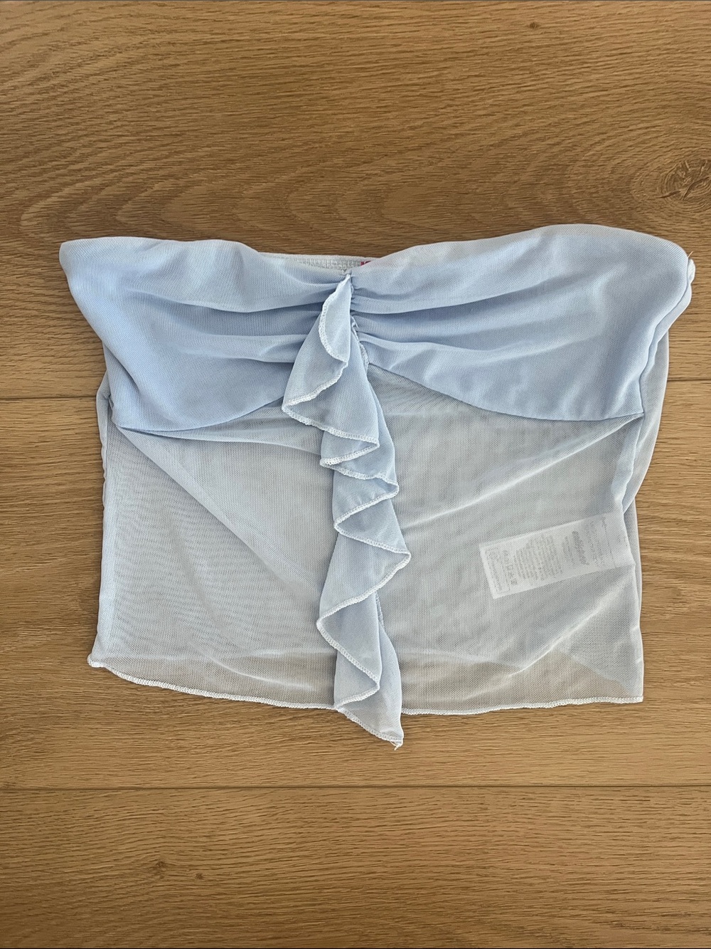 Edikted Light Blue Strapless Ruffle Mesh Crop Top